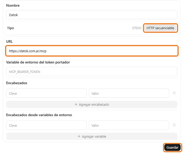 Formulario de Codex: tipo HTTP secuenciable, URL https://datok.com.ar/mcp y botón Guardar